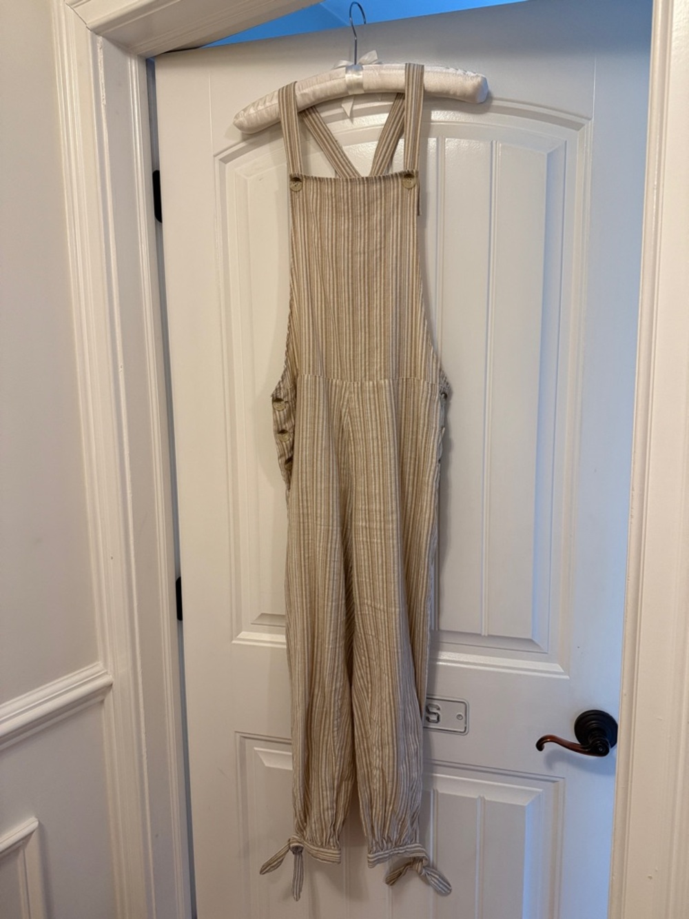 Rhythm Like New Striped Beige Linen-Blend Overalls - Women's Jumpsuit